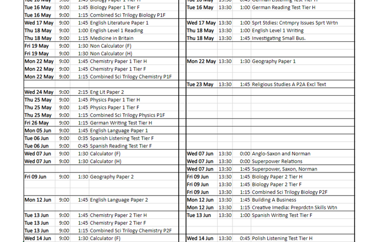Image of GCSE Exam Timetable 2023